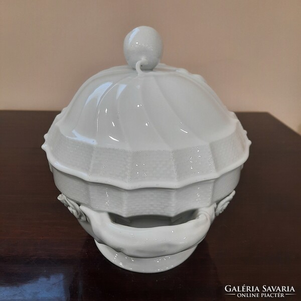 Fehér Herendi porcelán leveses tál citrom fogós fedővel
