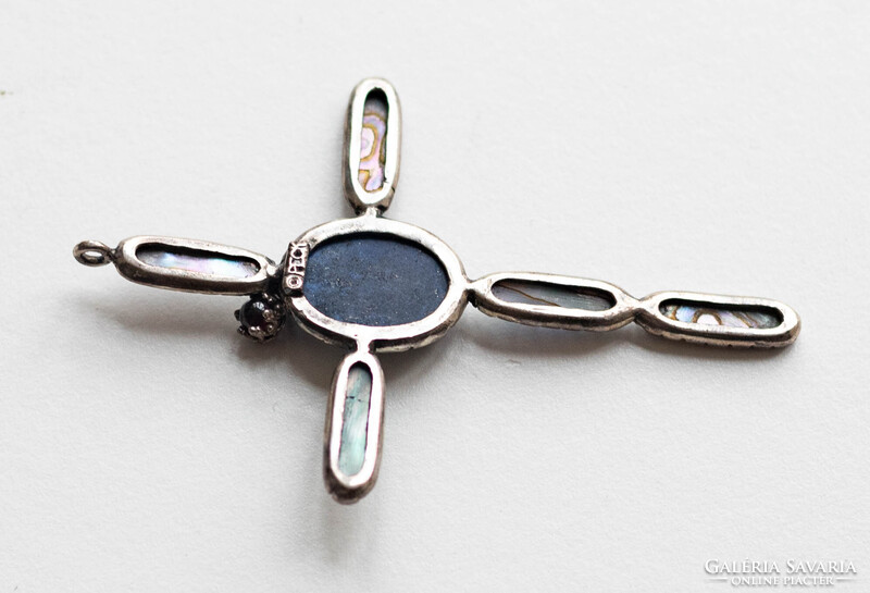 Vintage Peck kereszt medál - abalone kagyló lazulit/lapis lazuli és gránát kő, nyaklánc függő nyakék