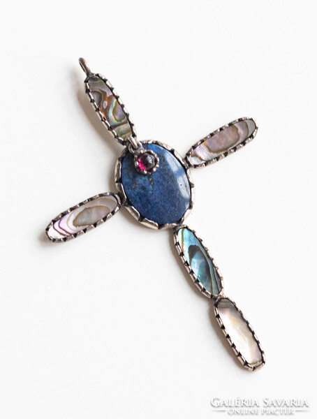 Vintage Peck kereszt medál - abalone kagyló lazulit/lapis lazuli és gránát kő, nyaklánc függő nyakék