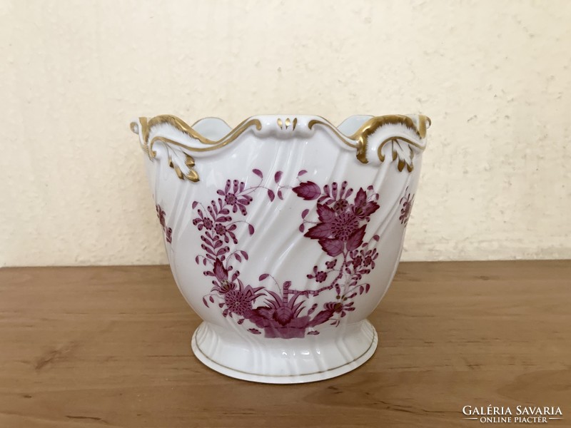 HERENDI porcelán kaspó Apponyi indiai kosár mintás, purpur lila pink, kézzel festett, HIBÁTLAN