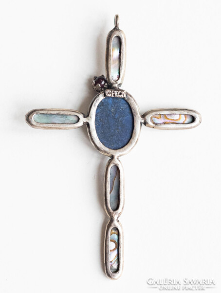 Vintage Peck kereszt medál - abalone kagyló lazulit/lapis lazuli és gránát kő, nyaklánc függő nyakék