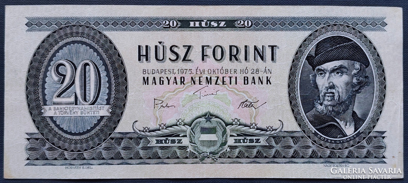 Nyomdahibás! 20 Forint 1975, EF, felfelé tolódott hátlapi nyomat.
