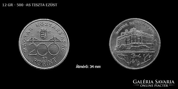 200 FORINT MAGYARORSZÁG - 1992  PP aUNC - 12 GR - 500 -AS TISZTA EZÜST!