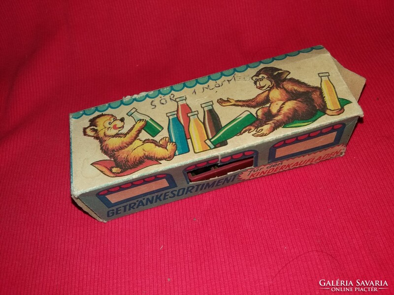 1950. cc régi játék fém .és fa autórakomány / boltos játék szett - "üvegek " rekeszek, dobozával