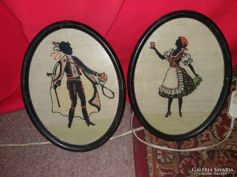 Antik 19.sz. tűgobelin hímzett kép Nász pár bieder keret + üveg 28 x 20 cm EGYBEN képek szerint