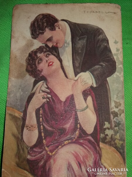 Antik Art Noveau 1930 Szerelmespár T.Corbella olasz művész színes grafika képeslap, a képek szerint