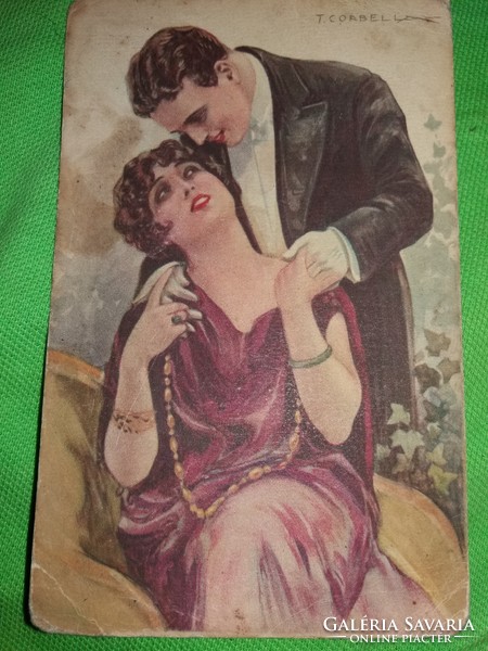 Antik Art Noveau 1930 Szerelmespár T.Corbella olasz művész színes grafika képeslap, a képek szerint