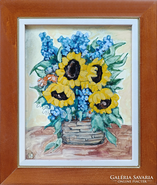 Fehér Margit: Napraforgók - tűzzománc - keretezve 32x27cm - alkotás 25x20cm - FM25/112