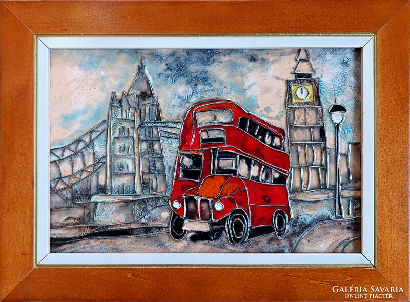 Fehér Margit: London - rekesz-zománc - keretezve 32x42cm - alkotás 20x30cm - FMR25/114