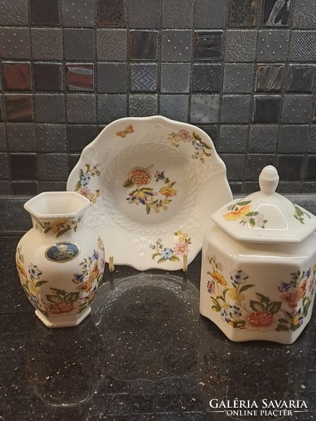 Aynsley angol porcelán cottage garden dekorral váza tálka bonbonier pillangós virágos