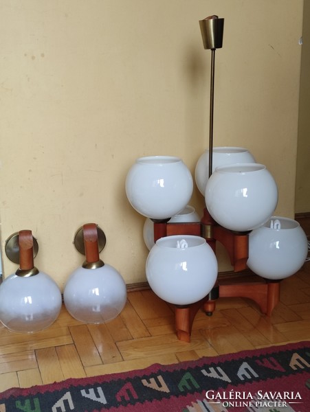 Szarvasi retro 6 karos csillár fa és réz mennyezeti lámpa + 2 db falikar