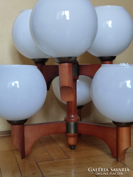 Szarvasi retro 6 karos csillár fa és réz mennyezeti lámpa + 2 db falikar