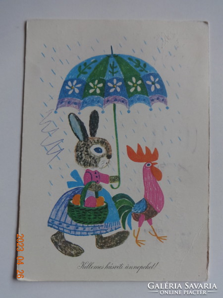 Régi grafikus húsvéti képeslap - Demjén Zsuzsa rajz