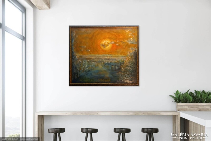 Prima díjas művész Mesél a Hold Lovászi felett.,102x87 kép tanúsítvánnyal.  Károlyfi Zsófia (1952-)