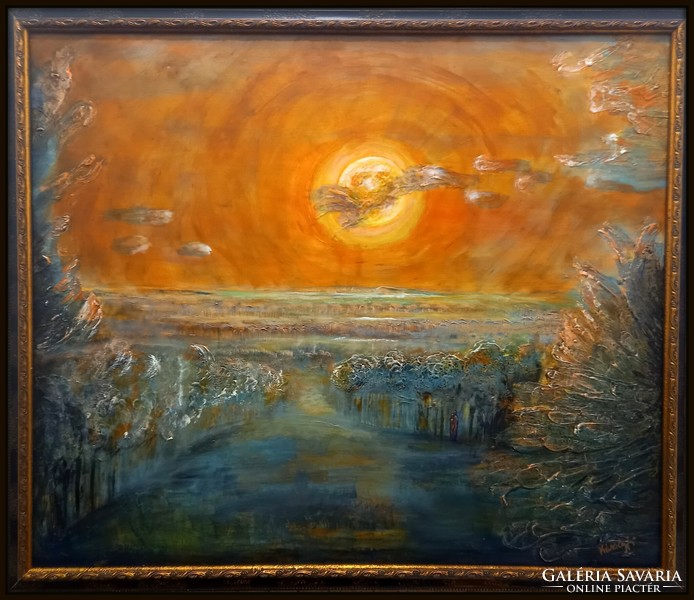 Prima díjas művész Mesél a Hold Lovászi felett.,102x87 kép tanúsítvánnyal.  Károlyfi Zsófia (1952-)