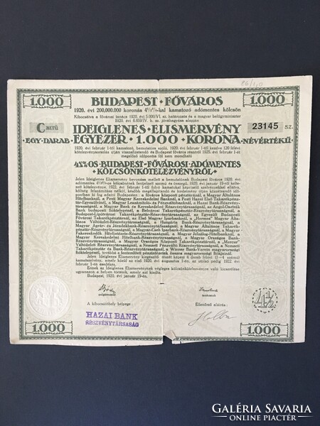 Budapest Főváros Ideiglenes Elismervény 1000 Korona 1920.