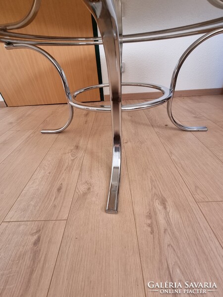 Vintage üvegasztal ívelt, krómozott lábakkal,füst színű üveglappal, '70-es évek -  96 cm
