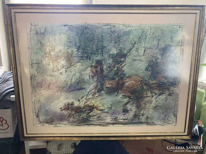 Tóth Ernő: Vadászat 120x90 cm vegyes technika