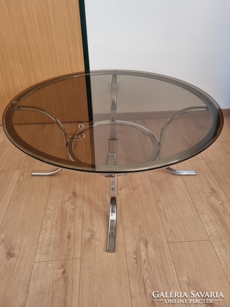 Vintage üvegasztal ívelt, krómozott lábakkal,füst színű üveglappal, '70-es évek -  96 cm