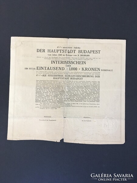 Budapest Főváros Ideiglenes Elismervény 1000 Korona 1920.
