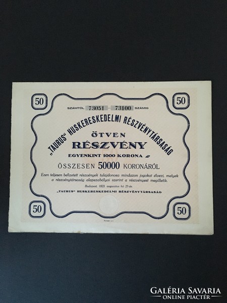 Taurus Húskereskedelmi Rt. Részvény 50000 Korona 1923.