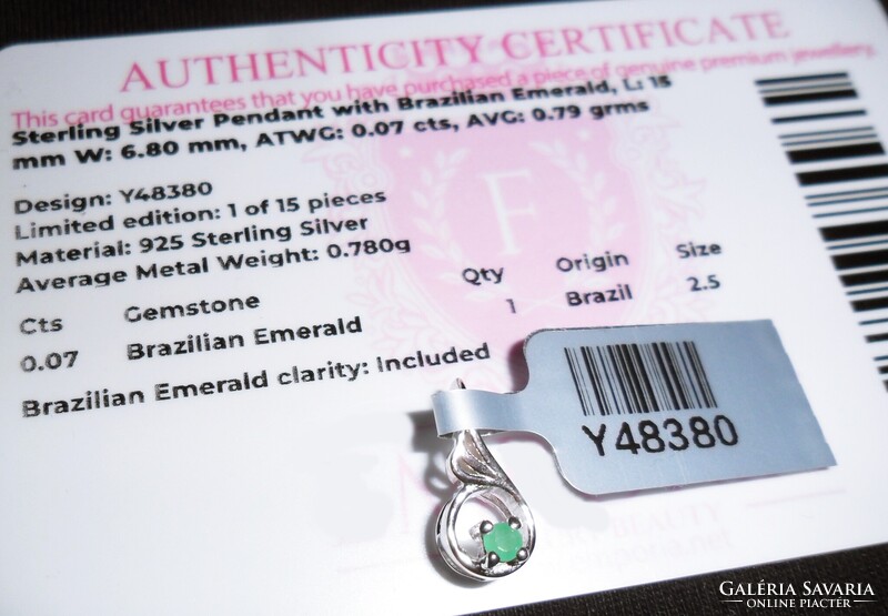 Új! Ezüst medál smaragd drágakővel, certifikáttal!