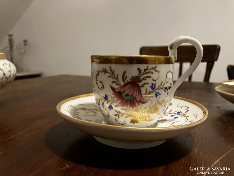 Ritka Kriegel&Co biedermeier csésze, 3 alátét, cukortartó