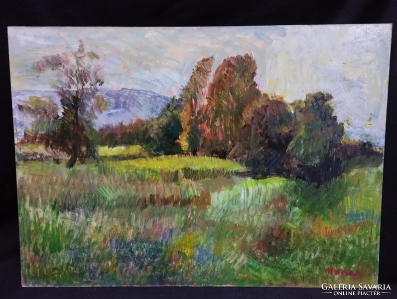 Monos József - Őszi fák alkonyatkor olaj, farost festmény 50x70 cm