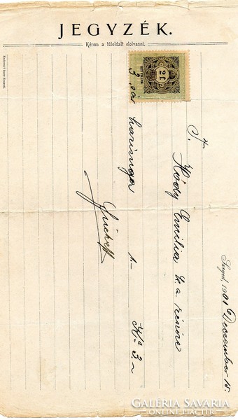Számla, jegyzék: Aigner Géza Szeged, 1901. (reklám)