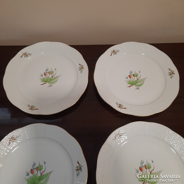 6 db Herendi hecsedli, csipkebogyó mintás porcelán lapos tányér készlet