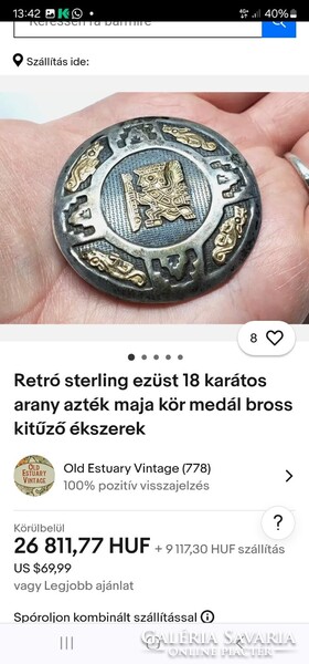 Ritkaság Régi Azték Maja 18 kt. aranyozott ezüst bross, medál jóval ár alatt!!!