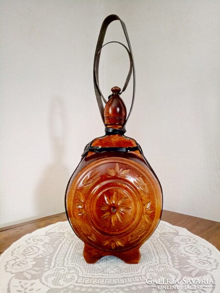 Régi faragott lakkozott fa kulacs, butykos, butella