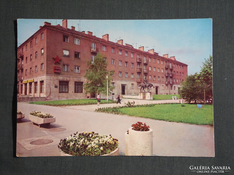 Képeslap,Kazincbarcika,Rákóczi tér, szobor,park látkép,részlet ,1972-