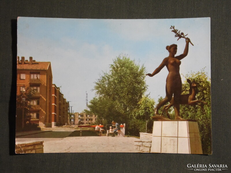 Képeslap,Kazincbarcika,Diana őzzel szobor,park látkép,részlet ,1968-