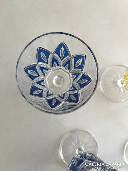 Régi, vintage francia VMC Reims boros, likőrös, színes kristály pohár készlet