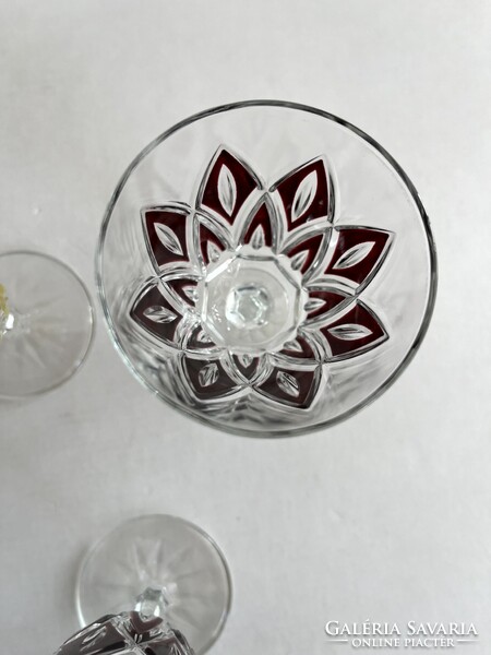 Régi, vintage francia VMC Reims boros, likőrös, színes kristály pohár készlet