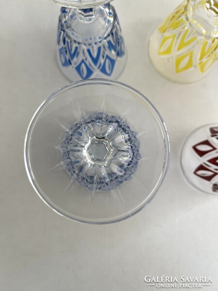 Régi, vintage francia VMC Reims boros, likőrös, színes kristály pohár készlet