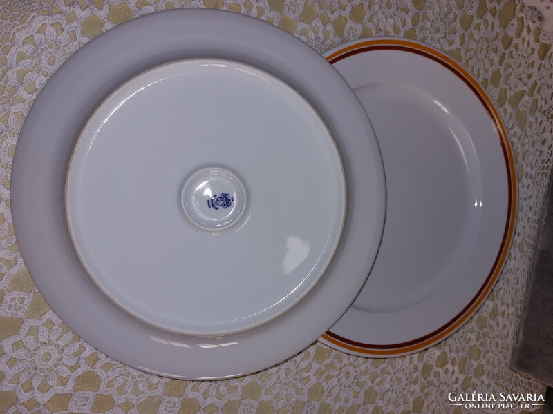 Alföldi porcelán sárga barna csíkos nagy asztalközép, lapos tál, tortás tál, tányér
