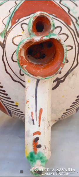 Felső -Tisza vidéki Vámfalusi mázas csörgő, csecses vizes korsó 19sz. közepe ,vége