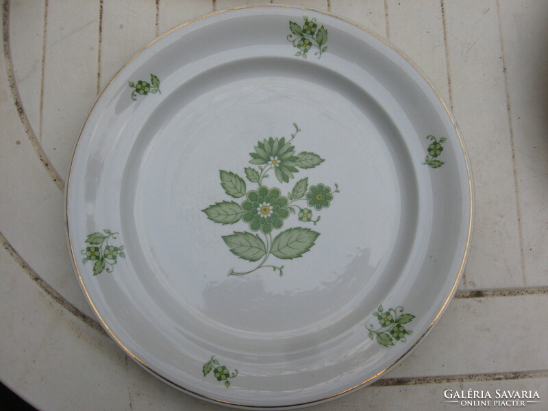 Hollóházi 12 személyes Aranycsíkos Porcelán Zöld Virágos Étkészlet Virágmintás Tányérok 3x12db 1831