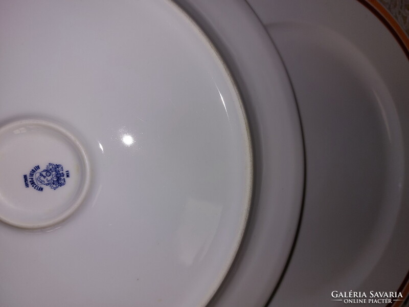 Alföldi porcelán sárga barna csíkos nagy asztalközép, lapos tál, tortás tál, tányér