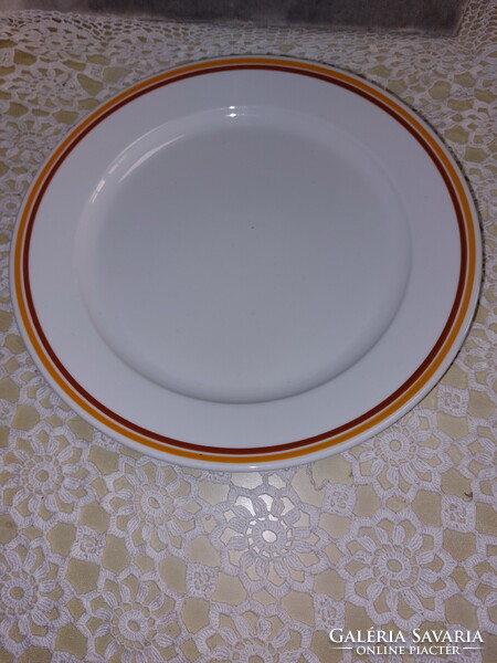 Alföldi porcelán sárga barna csíkos nagy asztalközép, lapos tál, tortás tál, tányér