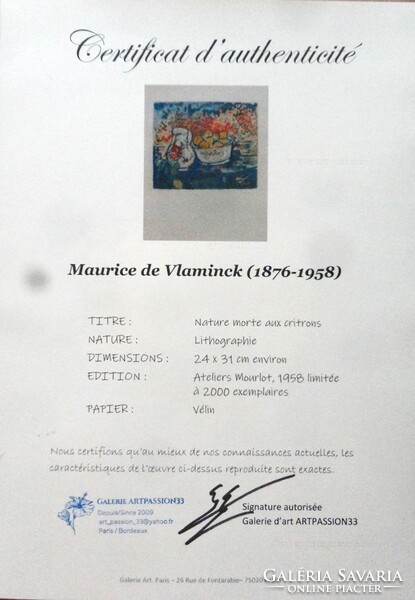 Maurice de VLAMINCK: Citromos csendélet - litográfia certifikációval!