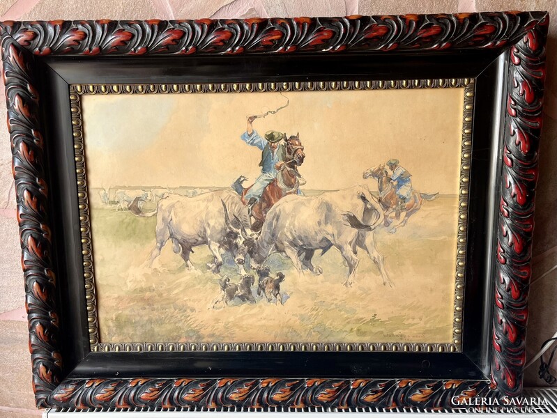 ZÓRÁD ERNŐ (WALLBURG EGON) SZÜRKEMARHA BIKÁK HARCA A PUSZTÁBAN 70x50cm
