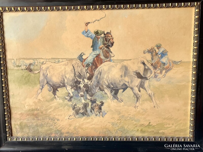 ZÓRÁD ERNŐ (WALLBURG EGON) SZÜRKEMARHA BIKÁK HARCA A PUSZTÁBAN 70x50cm