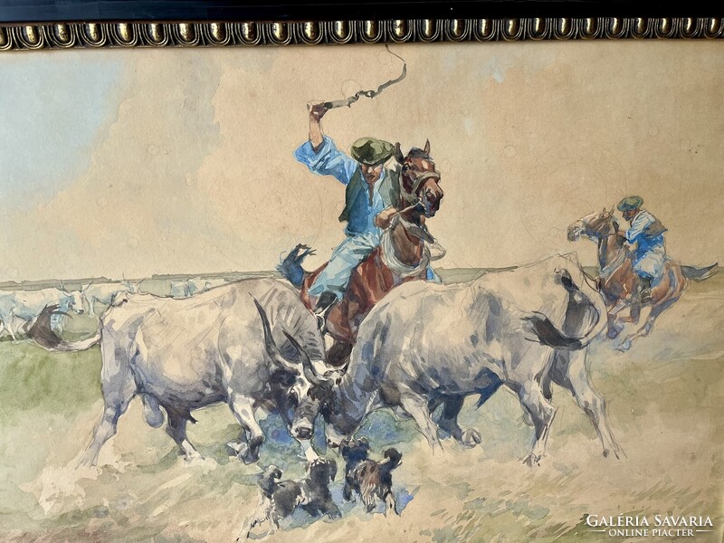 ZÓRÁD ERNŐ (WALLBURG EGON) SZÜRKEMARHA BIKÁK HARCA A PUSZTÁBAN 70x50cm