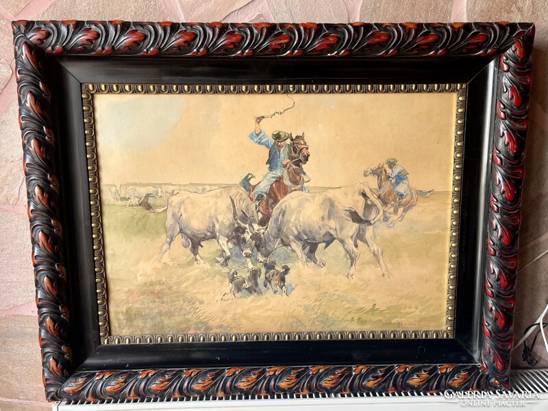 ZÓRÁD ERNŐ (WALLBURG EGON) SZÜRKEMARHA BIKÁK HARCA A PUSZTÁBAN 70x50cm