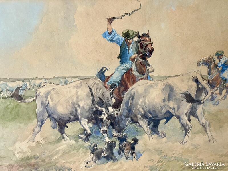 ZÓRÁD ERNŐ (WALLBURG EGON) SZÜRKEMARHA BIKÁK HARCA A PUSZTÁBAN 70x50cm
