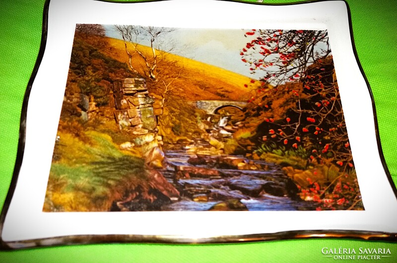 Meseszép Bieder aranyozott keretes antik porcelán tájkép falidísz 21 X 17 cm a képek szerin