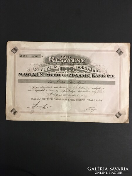 Magyar Nemzeti Gazdasági Bank R.T. Részvény 1000 Koronáról 1920.